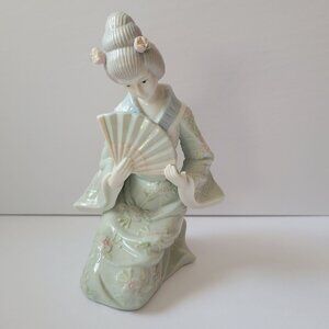 Porcelain KPM Japanese Geisha Figurine With Fan Kneeling 10" Floral Detail